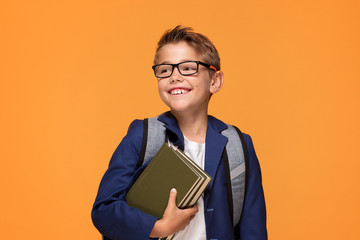 Little school boy with backpack and books. © neonshot