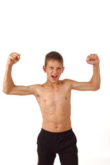 teenager with muscles. emotions of the winner.