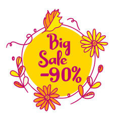Obraz premium A big autumn discount of 90 percent in a circle of leaves and flowers