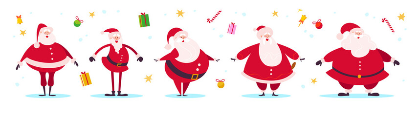 Vector collection of different flat funny Santa Claus characters isolated on white background. Gift box, bells, decoration balls, lollipop, star set isolated. Good for cards, banners, web, prints etc.