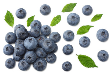 healthy background. blueberries with leaves isolated on white background. top view