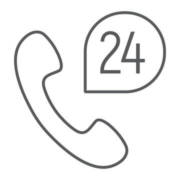 Call 24 thin line icon, support and all day, button sign, vector graphics, a linear pattern on a white background, eps 10.