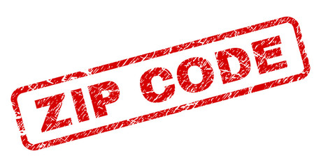 ZIP CODE stamp seal print with grunge style. Red vector rubber print of ZIP CODE tag with corroded texture. Text tag is placed inside rounded rectangle frame.