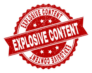 EXPLOSIVE CONTENT seal watermark with corroded texture. Rubber seal imitation has circle medallion form and contains ribbon. Red vector rubber print of EXPLOSIVE CONTENT caption with corroded texture.