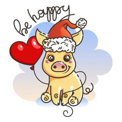 Happy New 2019 Year card with cartoon golden baby pig. Small symbol of holiday.