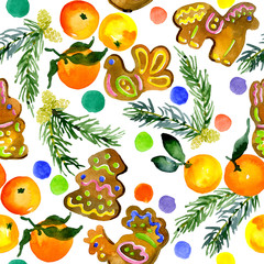 Ritual, traditional, festive, Easter, fruity pattern. Seamless, isolated wallpaper. Delicious biscuit, fragrant biscuits, juicy gingerbreads, fresh mandarin fruit. Watercolor. Illustration