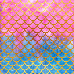 Mermaid scales. Watercolor fish scales. Bright summer pattern with reptilian scales. Gold background. - 215047905