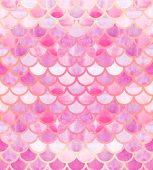 Mermaid scales. Watercolor fish scales. Bright summer pattern with reptilian scales. Rose Gold background.