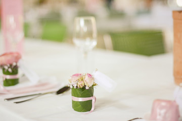 The wedding decor. The white flowers bouquet.