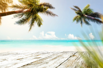 Table background and sea landscape with two palms 