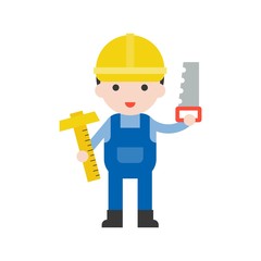 Carpenter and t-square, saw, Set Profession character of people in uniform, flat design