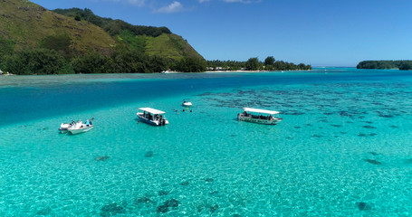 boats in a lagoon in French Polynesia, in aerial view © Fly_and_Dive