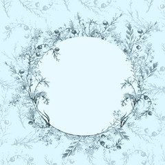 Watercolor, vintage frame, greeting, an invitation from a vegetative pattern, plant juniper with berries, pine needles,  blue color.