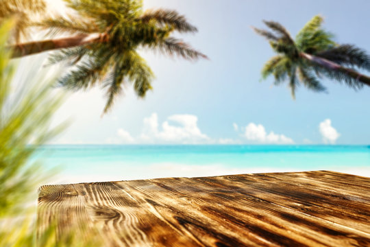 Table background and sea landscape with two palms 