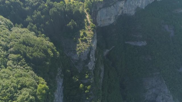 Skaklya Waterfall near the village of Bov and Vazov's footpath. Aerial 4k footage, summer beautiful nature in Bulgaria