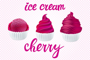 vector Set of purple ice cream cherry with of different shapes in a cup on transparent background lettering hand made text