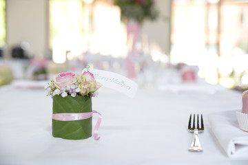 The wedding decor. The white flowers bouquet.