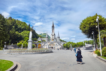 The Sanctuary of Our Lady of Lourdes or the Domain. Basilique de Notre-Dame de l'Immaculée-Conception de Lourdes. The Hautes-Pyrenees department in the Occitanie region in south-western France.