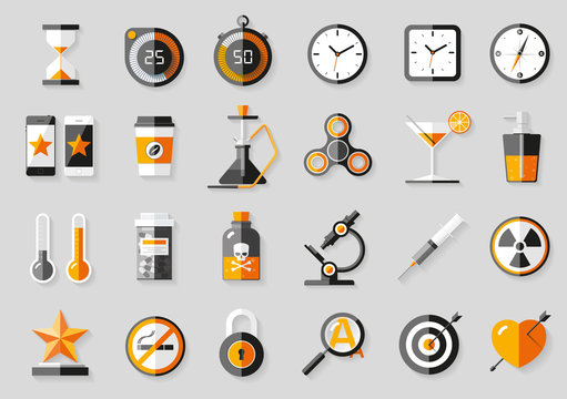 Icons set in flat style. Twenty four different objects on gray background. Vector design elements for you business projects