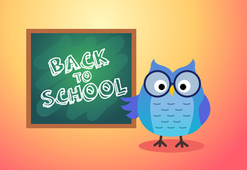 Back to school vector card background with owl and board, cartoon illustration