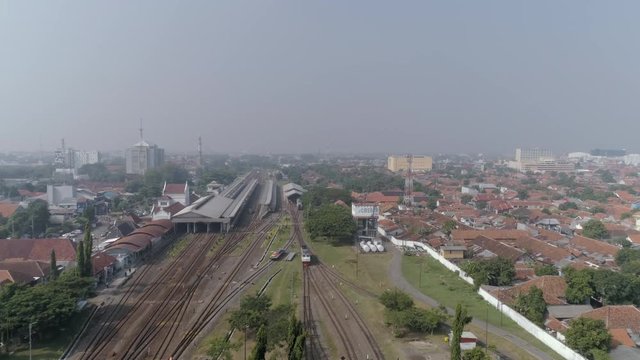 Aerial View of Cirebon Train Station with a Diesel Locomotive Engine Parking, West Java Indonesia, Asia