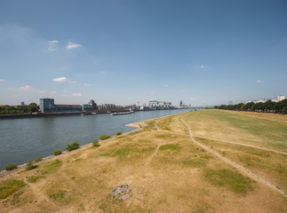 skyline von k&ouml;ln mit poller wiesen im vordergrund