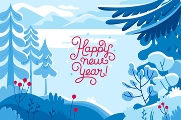 Vector illustration - happy new year and Christmas holidays - winter landscape