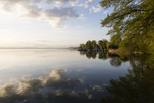 Beautiful morning mood on Lake Sempach in Switzerland. In the background Mount Rigi