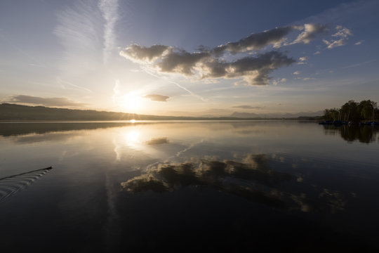 Sunrise at Lake Sempach in Switzerland. In the background Mount Rigi