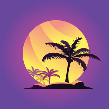 Palm tree on yellow sun and purple sky background. Coconut palm tree on background golden sunset in evening sky. Vector illustration.