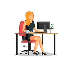 Beautiful business woman working on computer vector illustration. Woman working at able in business office. Business people vector art.