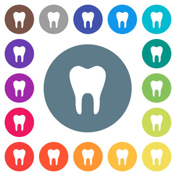 Single tooth flat white icons on round color backgrounds