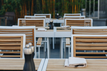 interior on the summer terrace in a beautiful restaurant.
