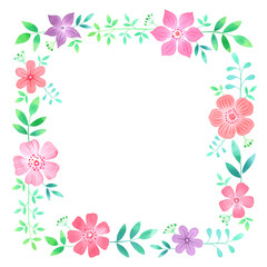Obraz na płótnie Canvas Watercolor floral frame. Botanical hand drawn frame design with pink and violet flowers, green leaves and branches.