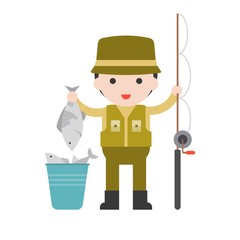 Fisherman and fishing rod, Set Profession character of people in uniform, flat design