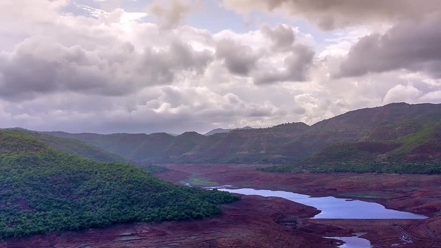 time lapse of landscape with cloudy sky, river and green Forest.