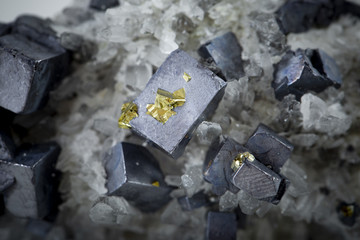 Pyrite and galena absorbed by quartz ,natural crystal,Close-up