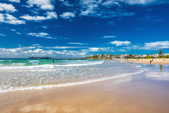 MOOLOOLABA, AUSTRALIA, JUL 22 2018: People enjoying summer at Mooloolaba beach - a famous tourist destination in Queensland, Australia.