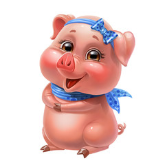 cute pink pig with a bow isolated on white