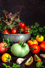 Fototapeta na wymiar Fresh tomatoes and parsley, dill, garlic on a dark background in a rustic kitchen and wooden utensils still life with copy space