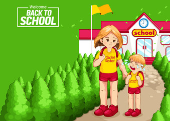back to school, Children go to school, horizontal poster, vector illustration, you can place relevant content on the area.