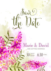 Beautiful wedding invitation with watercolor flowers. Save de date card