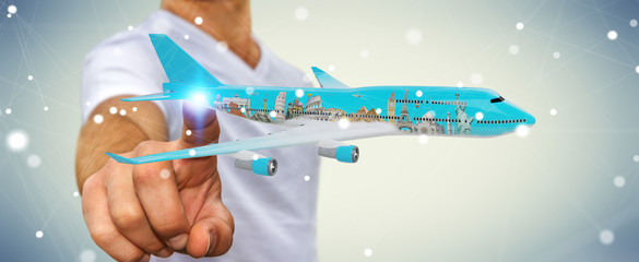 Businessman with plane and famous landmarks of the world 3D rendering