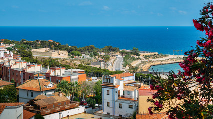 Obraz premium View towards the Miracle Beach and surrounding Mediterranean Sea in Tarragona, Catalonia, Spain