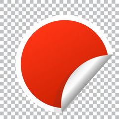 red Round paper sticker template with bent edge and shadow.