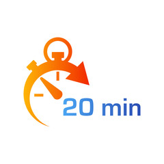 Icono plano cronometro con 20 min en azul y naranja