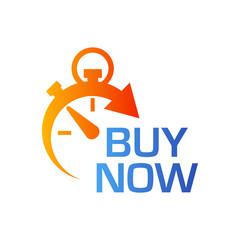 Icono plano cronometro con BUY NEW en azul y naranja