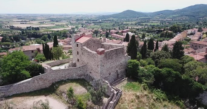 Suvereto, Tuscany, Italy. Aerial view of the Rocca Aldobrandesca castle and city