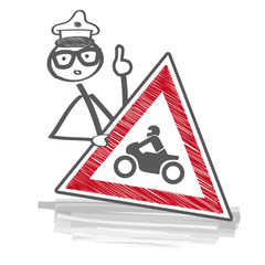 Obraz premium Achtung Motorradfahrer - Verkehrspolizist hält Hinweisschild