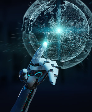 White robot hand using digital screen interface 3D rendering